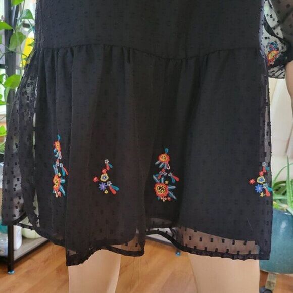 Japna Dress Black Embroidered Floral lined Med. chiffon Whimsigoth BOHO festival - Picture 6 of 15